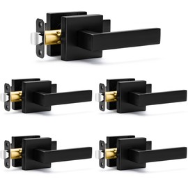 5 Pack Passage Door Handles Matte Black Door Knobs, Interior Door Knobs Square Heavy Duty Non-Locking Handlesets Hall Closet Handles, Reversible for Right & Left Sided Doors