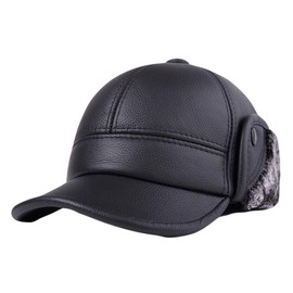 Icegrey Men's Leather Aviator Hats with Ear Protection Winter Faux Fur Fleece Hats Warm Cap, black