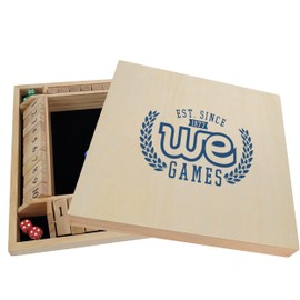 WE Games Custom Logo Printed 4 Player Shut The Box Game with Lid, Natural Wood, Large Coffee Table Size 14 Inches, Personalized Dice Board Games, Perfect for Home or Bar