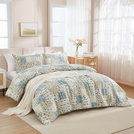 Cozaline Vintage Floral Comforter Set Queen 100% Cotton Blue Patchwork Bedding Comforter Sets All Season 3 Pieces Shabby Chic Breathable Soft Comforter(Blue Patchwork, Queen)