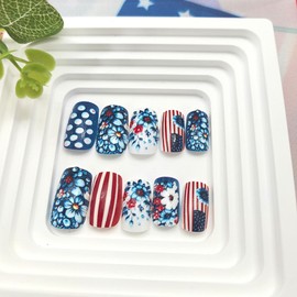Independence Day Press on Nails Medium Square Fake Nails with American Flag Stripe Flower Polka Dots Designs Glossy Glue on Nails Blue False Nails 4th of July Acrylic Nails Press ons for Women 24pcs