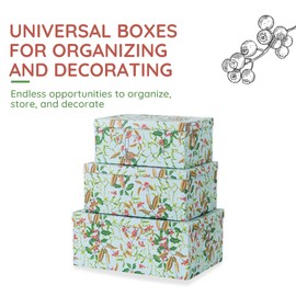 Soul & Lane Winter Berries Cardboard Boxes - Set of 3: Decorative Storage Boxes with Lids, Paper Mache Cardboard Nesting Containers, Christmas Winter Photo Cartons, Stacking Gift Wrap Storage