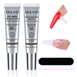 Saviland UV Free Nail Glue & Remover: UV Free Press-On Nail Glue Super Strong for Nail Tips, Nail Glue with Fast Drying 15 Seconds Nail Glue Remover & Nail Art Tool, Fast Drying Manicure at Home