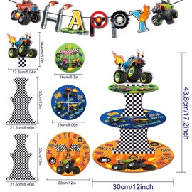 Monster Truck Cupcake Stand for 24 Cupcakes with 24Pcs Monster Truck Cupcake Liners Wrappers 3 Tier cupcake stand Party Supplies Cupcake Display Holder for Birthday Party, Baby Shower, Party