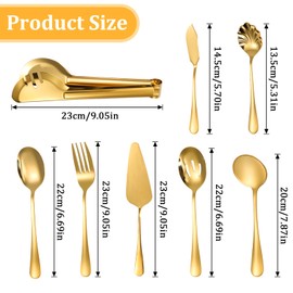 Ptwola 12PCS Gold Serving Spoons Utensils, Stainless Steel Flatware Cutlery with Serving Slotted Spoon Forks Soup Ladle Tongs Pie Server Butter Knife for Home Restaurant Buffet Catering Banquet Party