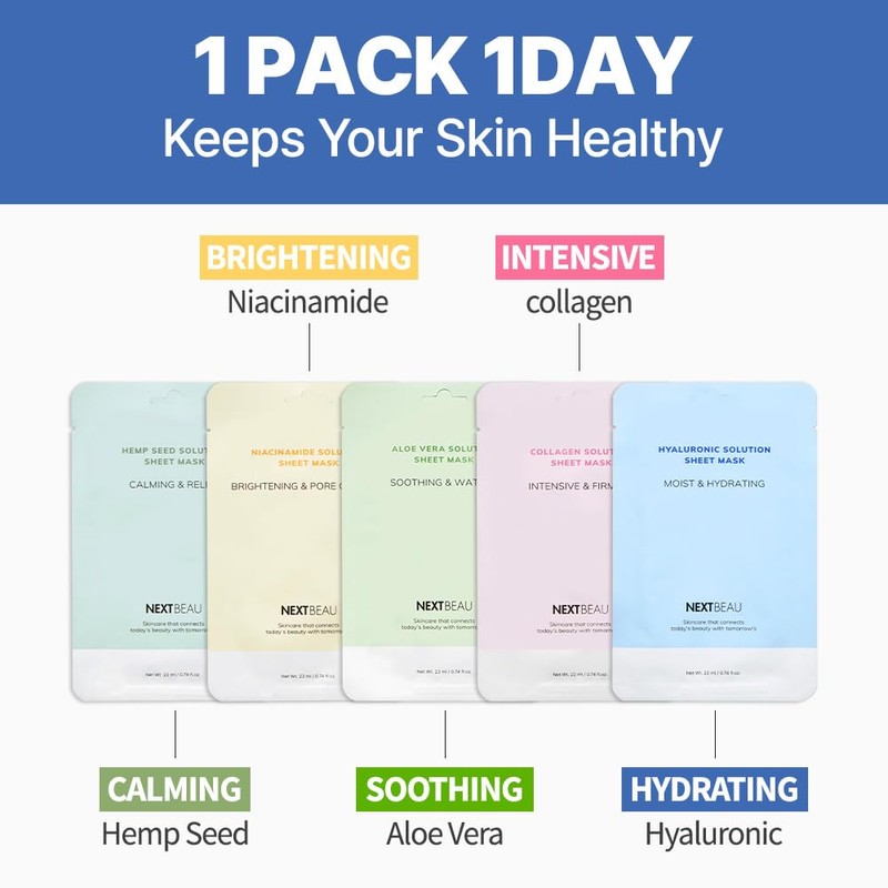 NEXTBEAU Solution Sheet Mask Variety Pack, 10 Count (5 Types