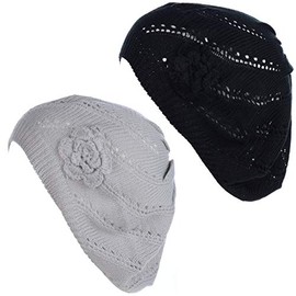 BYOS - Gorro de punto de estilo parisino suave y ligero con corte de ganchillo, Paquete de 2 Swirl Lt.gris y negro, Talla única
