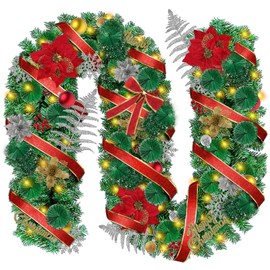 9FT Christmas Garland with 80 Light, Kalolary Artificial Wreath Decoration Kit Christmas Balls Pine Cone Berry Snowflake Leaves Flower for Mantel, Porch, Staircase, Banister Decor