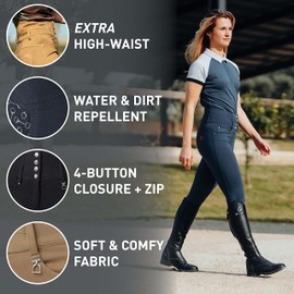 HORZE Women's Tara Full Seat Silicone Grip Breeches | Stretchable, High Waist with 4 Pockets - Dark Navy - 28