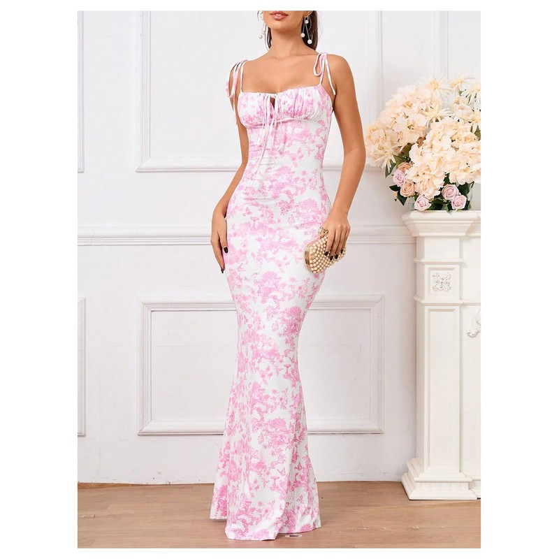 Milumia Women's Floral Tie Shoulder Maxi Dress Elegant Ruched Bust