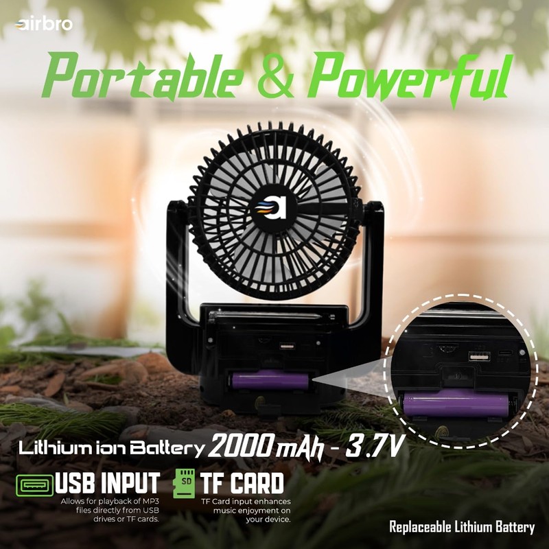Airbro Rechargeable Camping Fan with Bluetooth Speaker & Radio –