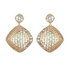 BriLove Art Deco Rhombus Geometric Rhinestone Cluster Statement Dangle Earrings for Women Iridescent AB Gold-Tone
