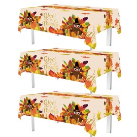 Mocsicka 3 Pack Thanksgiving Disposable Tablecloth Fall Maple Turkey Give Thanks Waterproof Rectangle Plastic Tablecloths for Friendgiving Party Decorations 108x54 Inch