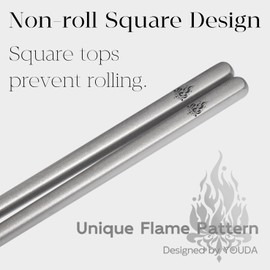 Youda 5 Pairs Pure Titanium Chopsticks (9.45") - Extra Long Non-Roll Square Design & Grooved Grip - Lightweight 0.8oz, Flame Pattern - Dishwasher Safe for Asian Cuisine - Gift for Foodies(Silver)
