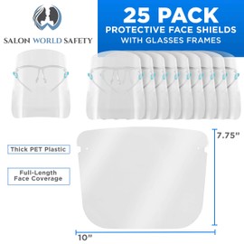 TCP Global Salon World - Protectores faciales de seguridad con marcos de gafas (paquete de 25) – Protectores de cara completa ultra transparentes para proteger los ojos, la nariz, la boca, plástico PET antivaho, gafas
