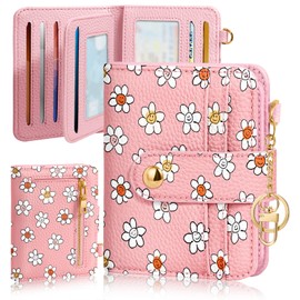 Bistup Wallet for Women Cute Small Card Wallet Genuine Leather Rfid with Keychain for Ladies Teen Girls Female Girly Aesthetic Flower Unique Pretty Kawaii Modern Bifold Credit Card Holder