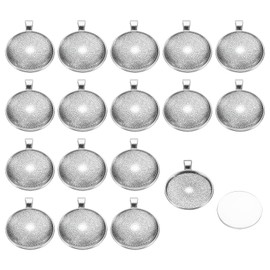 PATIKIL Colgante Bandejas con Transparente Cristal Cabujones, 20 Juegos 30mm Redondo Bisel Bandejas Colgante Cúpula Azulejos para Foto Colgante Fabricación de joyería, Plata Gris