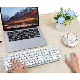 UBOTIE Colorful Computer Wireless Keyboard Mouse Combos, Typewriter Flexible Keys Office Full-Sized Keyboard, 2.4GHz Dropout-Free Connection and Optical Mouse (Green-White)