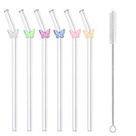 6 Pcs Reusable Gglass Straws with Charms, Cute Bow Decoration Glass Straw, Environmentally Friendly Curved Straw with Cleaning Brush (20cm)