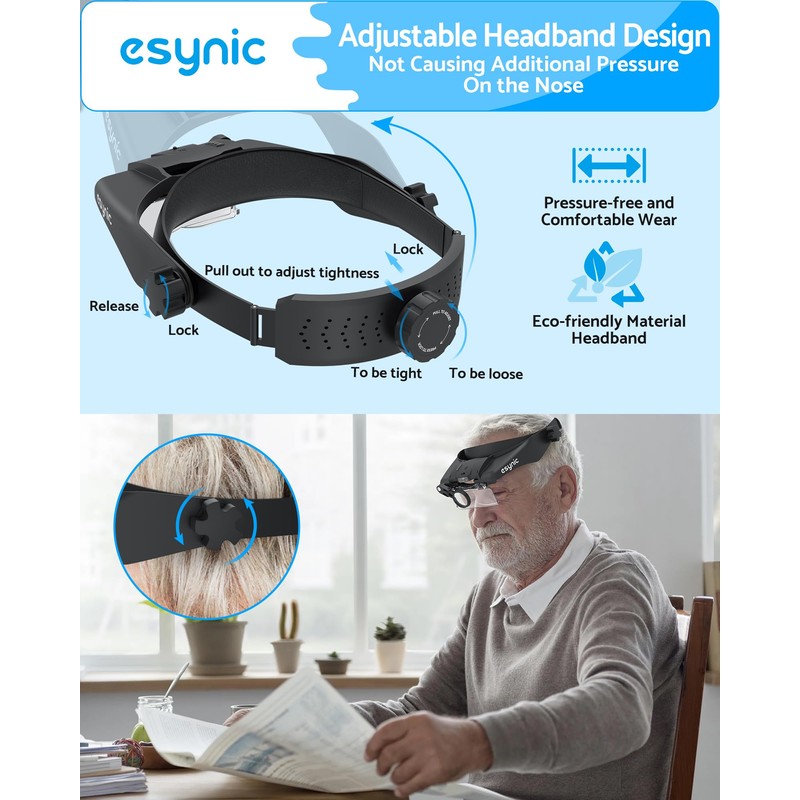 eSynic Type-C Rechargeable Magnifying Glasses Headset-Up to 13X Magnification-5 Interchangeable