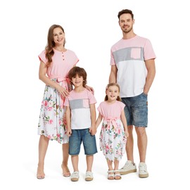 PATPAT Family Hawaiian Matching Outfits Mommy and Me Dresses Matching Set Pink Floral Printed Ruffle Dresses with Bowknot and Short Sleeve T-Shirts Set for Women S