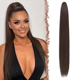 FESHFEN Ponytail Extensions with Drawstring, Long Straight Braid, Drawstring Ponytail Hairpiece, Straight Hair Extensions, Synthetic Drawstring Ponytail Extension for Women, 70 cm, Brown