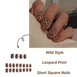 Square Press on Nails Short French Tips Fake Nails Acrylic Dark Brown with Leopard Print Design Matte Glue on Nails Short Square False Nails Artificial Full Cover Stick on Nail for Women 24Pcs