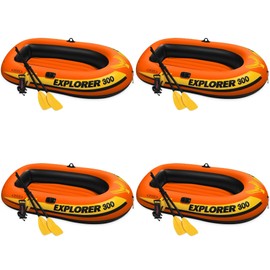 Intex Explorer 300 Compact Inflatable 3 Person Raft Boat w/ Pump & Oars (4 Pack)