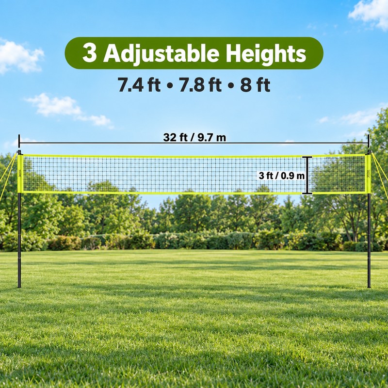 Adjustable Outdoor Volleyball Net System with Steel Poles, Ball, Pump,