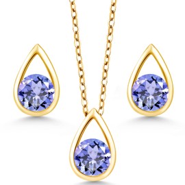 Gem Stone King 18K Yellow Gold Plated Silver 5MM Round Gemstone Birthstone Teardrop Pendant Earrings Set | Jewelry Set for Women | With 18 Inch Chain