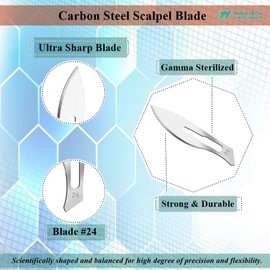 Box of 100 Scalpel Sterile Blades Carbon Steel Individually Foil Wrapped With Stainless Steel Scalpel Handle & Blade Remover (Blade #24 + Scalpel Handle + Blade Remover)