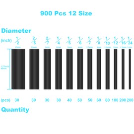 900Pcs Wire Heat Shrink Tubing Kit, Industrial Heat-Shrink Tubing for Wires, 2:1 Marine Grade Heat Shrink Wrap, Premium Large Electrical Waterproof Heat Shrink Tape (Black 12 Sizes) DHOOZ