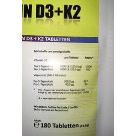 Vitamin D3 5000 IU (Cholecaliferol) + Vitamin K2 MK7 (All-Trans Menaquinon 7 - MK7) 200mcg - 2 Bags (360 Vegan Tablets 2 Packs of 180)