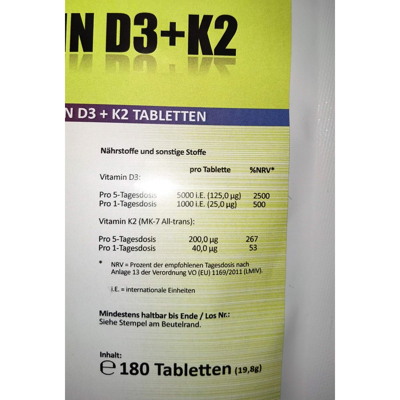 Vitamin D3 5000 IU (Cholecaliferol) + Vitamin K2 MK7 (All-Trans