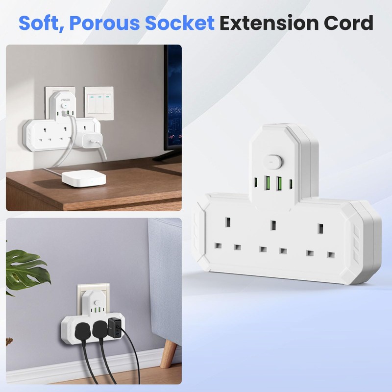 Multi Plug Adapter with USB C, 3 Way Plug Adaptor