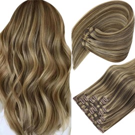 Sunny Hair Clip in Hair Extensions Straight Human Hair Clip in Extensions Remy Clip in Hair Extensions Real Human Hair Extensions Clip ins Highlights Dark Brown with Caramel Blonde 20inch