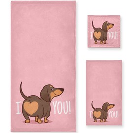 Naanle Cute Dachshund Funny Heart Soft Decor 3 Pcs Towels Set, 1 Bath Towel+1 Hand Towel+1 Washcloth, Multipurpose for Bathroom, Hotel, Gym, Spa and Beach
