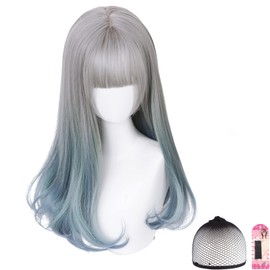 Lolita Harajuku Wig, Long, Full Wig, Bob Wig (Gray + Blue), Bob Wig, Wig Net, Hairpin Included, Zemilong, Wig, Gradation, Mori Girl GAL Type, Small Face, Women's Clothing, Heat Resistant Wig with Wig Net