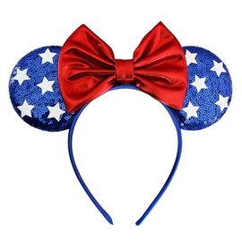 4th of July Headband Mouse Ear Bow Hair Bands Independence Day Headwear Star with Blue Sequins Design Hair Hoop Princess Head Boppers Fourth of July Hair Accessories for Parade Party Supplies Decor