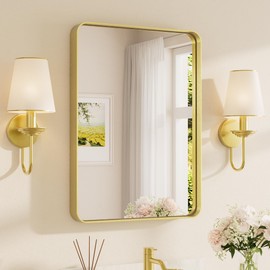 TETOTE Gold Framed Mirror for Bathroom, 22 x 30 Inch Vanity Mirror for Wall, Brushed Brass Rectangle Round Corner Entry Way Golden Frame Mirror 2 Inch Thick Frame(Horizontal/Vertical)