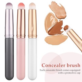 Housoutil Juego de 3 Brochas Correctoras Mini de Maquillaje Facial y Labial Tapa Cerdas Sintéticas Suaves Mangos Cortos en Colores Morado Rosa y para Difuminar Corrector y