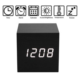 Lancoon Wooden Alarm Clock - Mini Cube LED Digital Clock with Time/Date/Temperature Display, 3 Levels Brightness and Voice Control Great for Home Office Travel - AC10Black_White