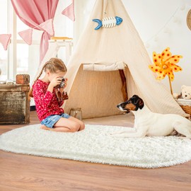 Pionblank Fluffy Oval Rug for Bedroom 3.3x6.2, Shag Throw Rugs for Bedside, Ultra Soft Cute Plush Carpet for Girls Boys Room Living Room Nursery Dorm Home Decor, Cream White