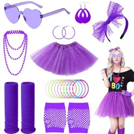 80s Fancy Dress for Women,Neon Accessories for Women with Necklace,Earring,Heart-Shaped Glasses,Lace Bow Headband,Fishnet Gloves,Leg Warmers,Tutu Skirt,for Retro Theme Party