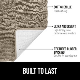 Gorilla Grip Bath Rug 42x24, Thick Soft Absorbent Chenille, Rubber Backing Quick Dry Microfiber Mats, Machine Washable Rugs for Shower Floor, Bathroom Runner Bathmat Accessories Decor, Beige