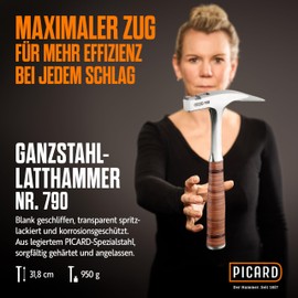 PICARD Roofing Hammer No. 790 + Mini BlackGiant® + Sticker | 950 g Total Weight | Smooth Track | Magnetic Nail Holder | Corrosion Resistant | All-Steel Handle with Leather Handle | GS Tested | Length