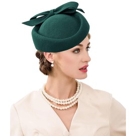 ORIDOOR British Style Pillbox Hat Women Church Wedding Winter Vintage Fascinator Beret 100% Wool Felt Hat with Veil 03b-Green