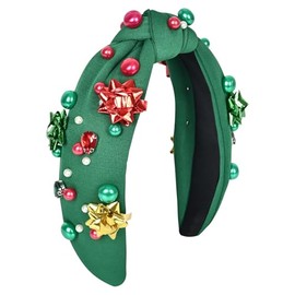 Jeweled Plaid Headband with Embellished Crystals and Pearls - Knotted Wide Top Knot Hair Accessory for Women, Holiday Outfits & Gifts （Green）
