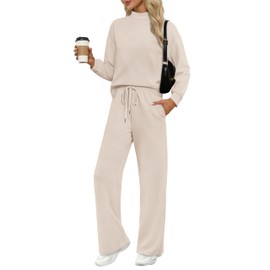 WIHOLL Airport Outfits for Women Fall Two Piece Sweat Sets Mock Neck Tracksuit Winter Loungewear Women's Lounge Suit Vacation Travel Outfits High Waist Pants Clothing Pullover Sweatsuits Beige XL
