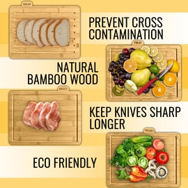Modernlyst Bamboo Cutting Boards for Kitchen with Holder Stand 13" x 11" Set of 4 | Labeled Tabs | Large Modern Wood Board Set | Organized & Clean Wooden Chopping | Black Metal Rack